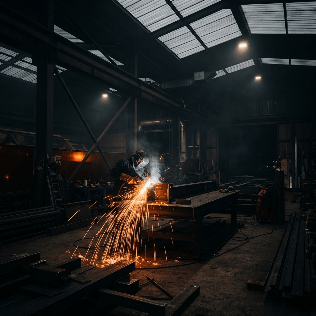 Steel fabrication workshop with welding sparks